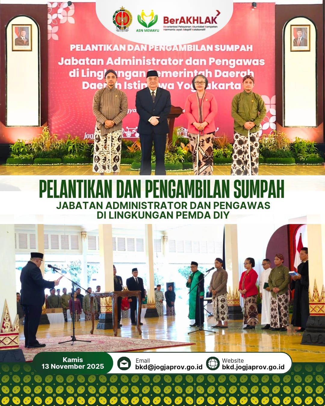 Gubernur DIY Tekankan Penguatan Peran Middle Manager dalam Peningkatan Kinerja Birokrasi pada Acara Pelantikan dan Pengambilan Sumpah Jabatan Administrator dan Pengawas di Lingkungan Pemda DIY