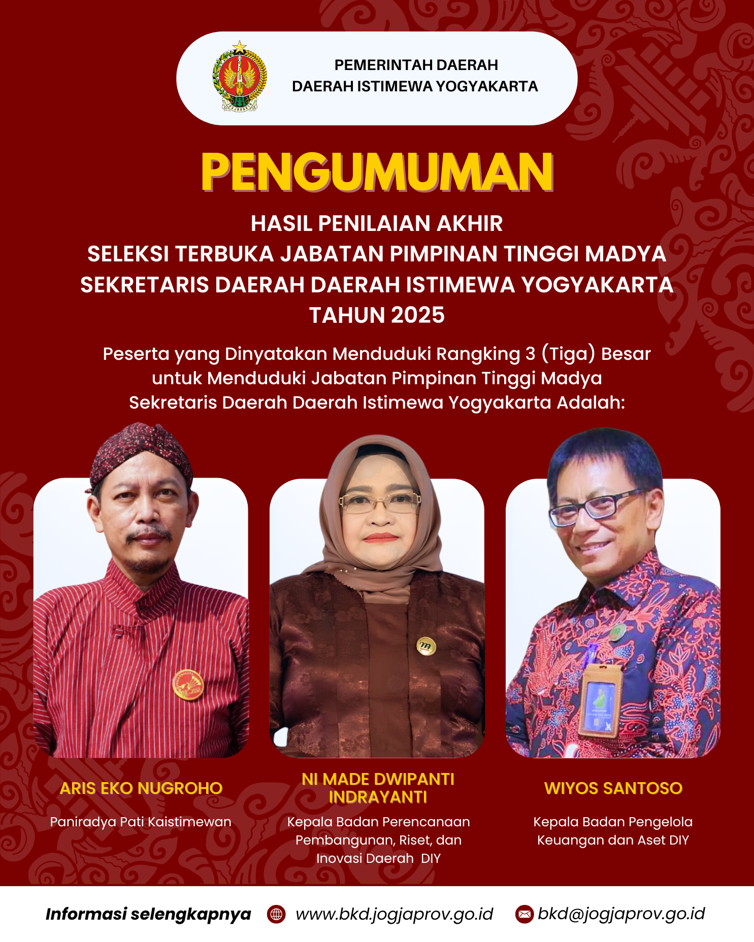 Pengumuman Tentang Hasil Penilaian AKhir Seleksi Terbuka Jabatan Pimpinan Tinggi Madya Sekretaris Daerah DIY Tahun 2025