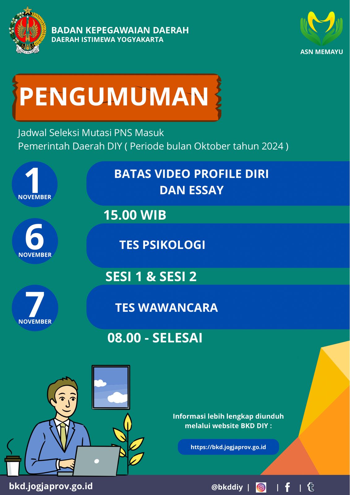 Jadwal Seleksi Mutasi PNS masuk PEMDA DIY dan Akuisisi Talenta External (Periode Bulan November Tahun 2024